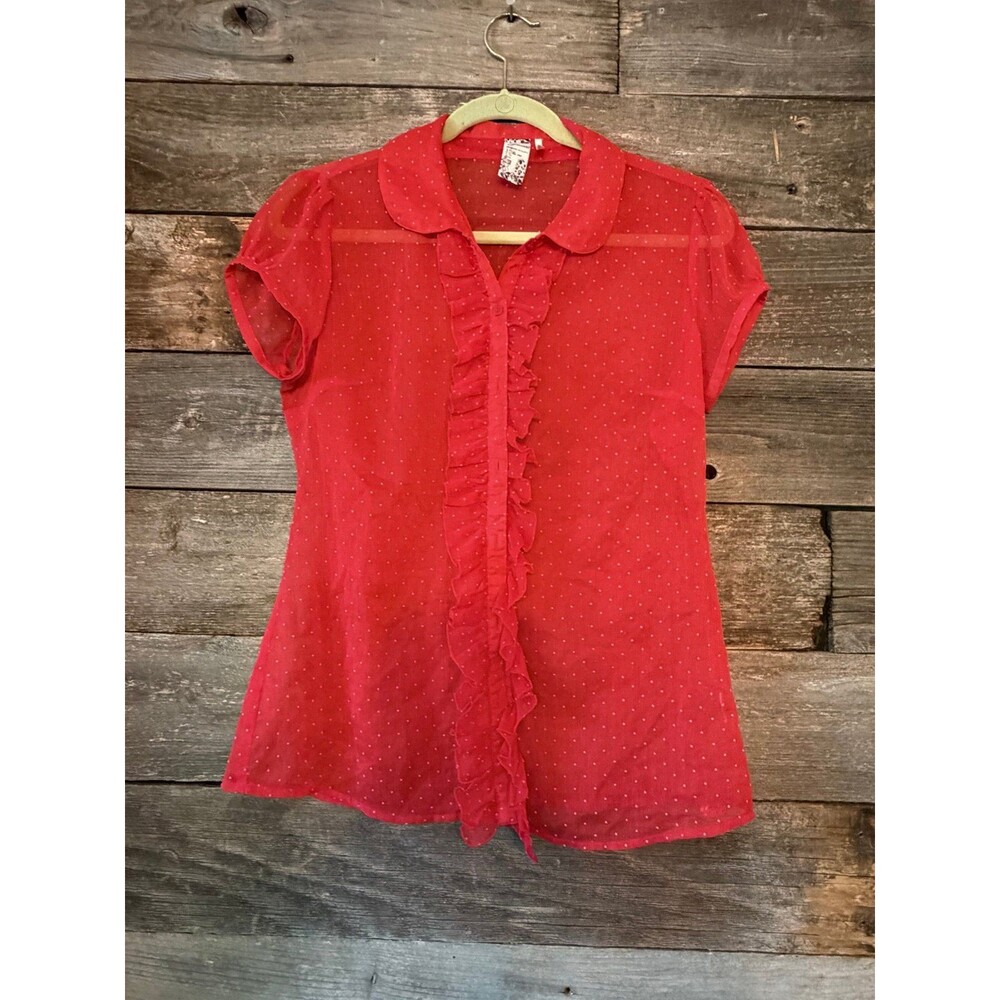 Vintage Y2K Guess Sheer Red Polka Dot Ruffle Blouse - Size Medium